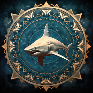 Blue and golden shark mandala. AI generated