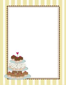 A striped border with a tiered tray of cupcakes