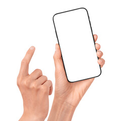 Hand holds smartphone mockup. Mobile phone template with blank screen. Cell phone device isolated on white or transparent background.