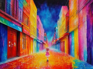 A painting of an young girl walking through a city, volume one created with generative ai, ki