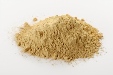 On a white backdrop, a heap of dried beach sand. Generative AI