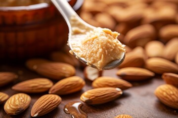 almond butter on a wooden spoon with almonds scattered around