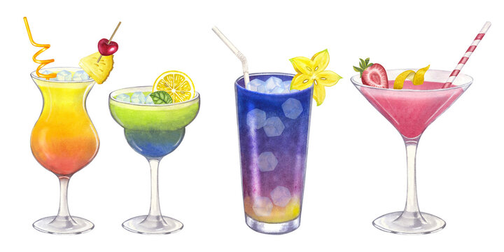 Different beach tropical alcohol cocktail. Martini Mojito Tequila Sunrise Daiquiri Margarita drink. Hand-drawn watercolor illustration on white background. Design element