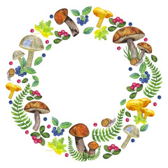 Round frame botanical wreath: edible mushrooms, leaves and berries, fern, snail, grass, cranberry, mountain ash. Hand draw watercolor illustration isolated on white background. Design element