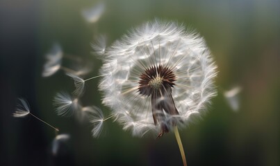  a dandelion blowing in the wind with a blurry background.  generative ai