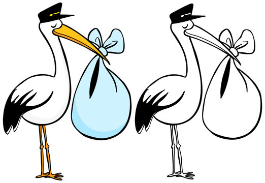 Cartoon image of a stork delivering a baby - both color and black / white versions.