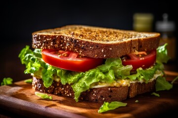 sandwich with mustard spread, lettuce, and tomatoes on whole grain bread