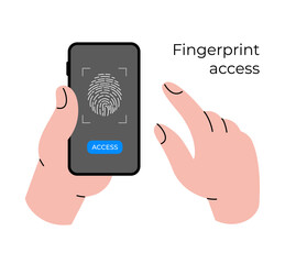 A human hand is holding a smartphone. Fingerprint access. Security of personal information. Kondenficality