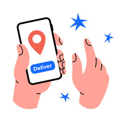 A human hand is holding a smartphone. Online delivery from the store. Order by courier home. Geolocation icon