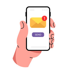 A human hand is holding a smartphone. A new message. The envelope icon. Fingers and a Flat-style screen