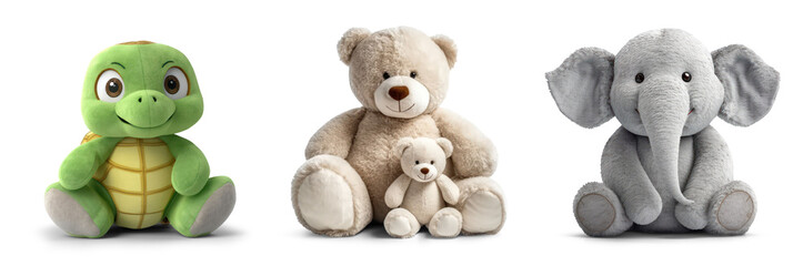 cutout set of 3 stuffed animal toys isolated on transparent png background - Generative AI