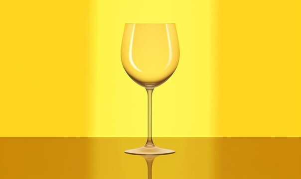  a glass of wine sitting on a table in front of a yellow background with a reflection of the wine glass in the middle of the table.  generative ai