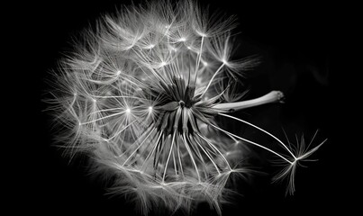  a black and white photo of a dandelion in the dark.  generative ai
