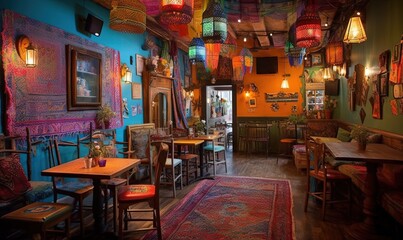 Fototapeta na wymiar a brightly colored restaurant with a lot of tables and chairs and a rug on the floor and a rug on the wall and a rug on the floor. generative ai
