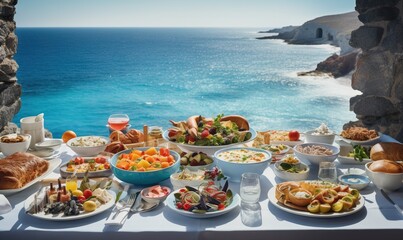 Obraz premium a table with a lot of food on it near the water and a cliff side with a blue ocean in the background and a blue sky. generative ai