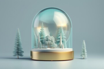 A snow globe featuring a platform in a soft blue color, green forms, balls, and pine trees. A simple scene with a podium, a stage, and holiday periodicals, posters, and banners. Generative AI