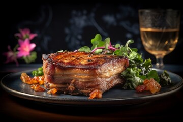 pork belly with crispy skin and succulent layers served on a plate alongside some greens