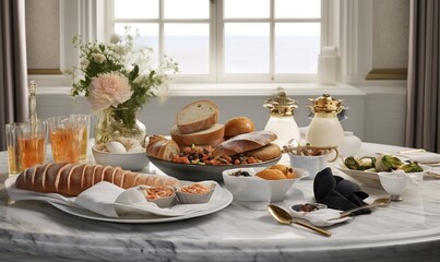  a table topped with breads and other foods on top of a white tablecloth covered in dishes and glasses of wine and a vase of flowers.  generative ai
