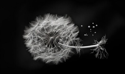  a black and white photo of a dandelion with drops of water.  generative ai