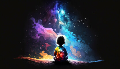 Space children meditate new quality of universal colorful technology illustration image design, generative	
