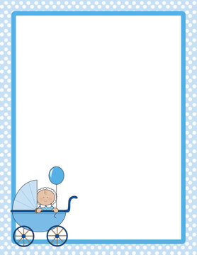 Polka dot border with baby boy in a carriage in one corner
