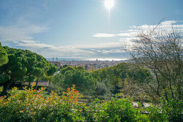 Beautiful scenic view from Park Guell in Barcelona, Spain on a sunny day