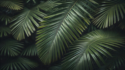 Naklejka na ściany i meble Beautiful green palm leaves on a dark background. Ai generative