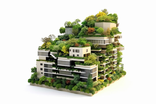 dibujo de edificio blanco moderno con jardines exteriores, concepto de ecologia. Ilustraci&oacute;n de ia generativa