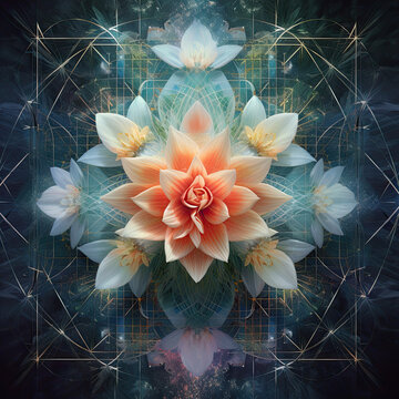 Geometry ethereal flowers mandala art orange and white. AI generated