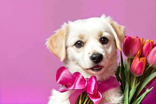 Golden Retriever Puppy with Tulip Bouquet on Pink Background - Adobe Stock Photo