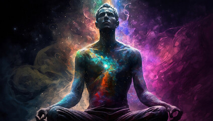 Space man meditating new quality universal colorful technology stock image illustration design, generative ai	