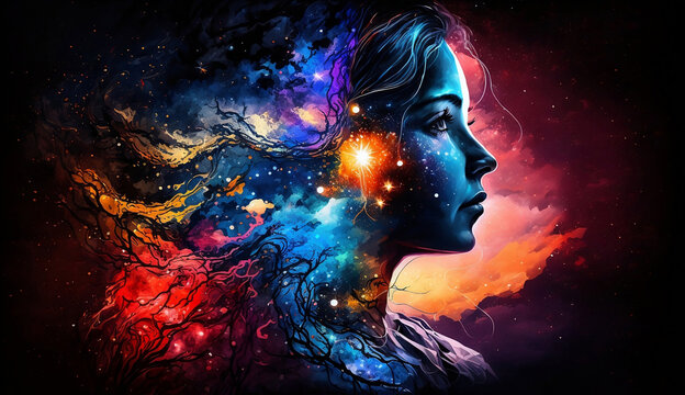 Space girl woman meditating new quality universal colorful technology stock image illustration design, generative ai	

