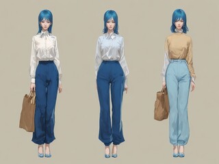 A illustrationof a woman in high rise blue pants, volume three created with generative ai, ki