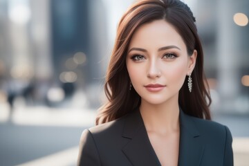 Naklejka premium Portrait of positive, self-confident young woman on city street. Business woman, office dress code. Sunny day. Career, business, natural beauty concept. Lifestyle. Caucasian blonde girl. Generative AI