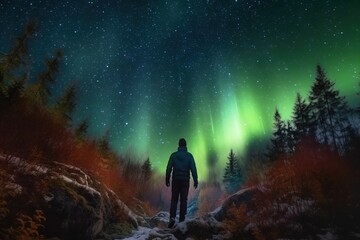 Naklejka na ściany i meble Silhouette of a man watching the Northern Lights Aurora Borealis