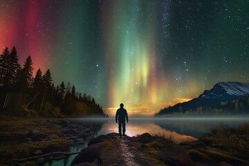 Fototapeta premium Silhouette of a man watching the Northern Lights Aurora Borealis