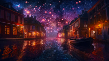 Obraz premium Colorful neon light reflections of the river in the old medieval city, the parade of stars and planets, on a dark evening in the city. horizontal drawing generative ai