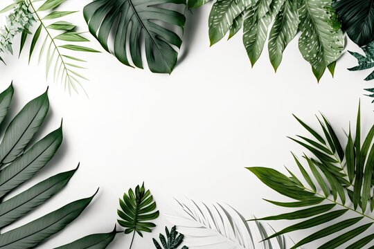Fototapeta On a white backdrop, tropical palm leaves. Summer theme. Copy space, flat lay, and top view. Generative AI