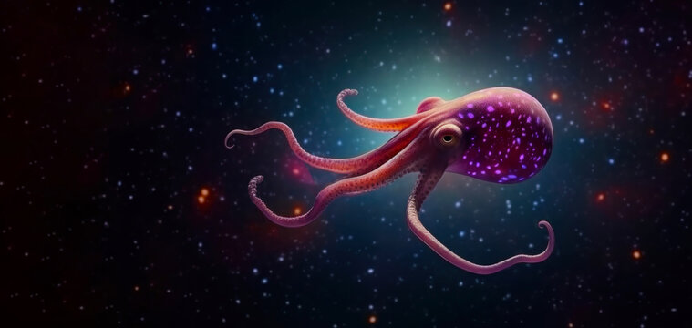 Space ocean banner with a soaring octopus among the stars, the idea of a surreal world, an exciting and vivid picture of a rainbow-colored octopus soaring in space, AI generated