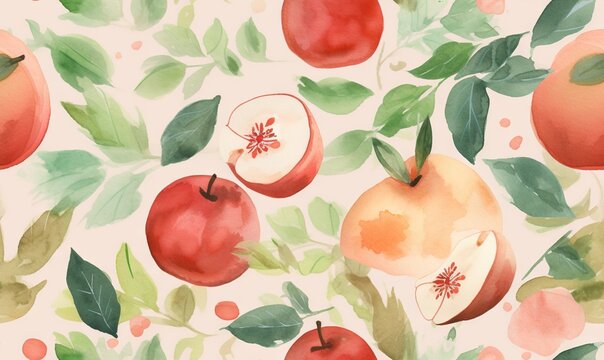  a watercolor painting of apples and leaves on a white background.  generative ai