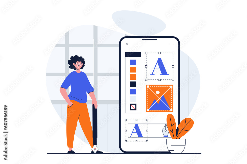 Poster App development web concept with character scene. Man placing element and working with tools for mobile app. People situation in flat design. Illustration for social media marketing material.