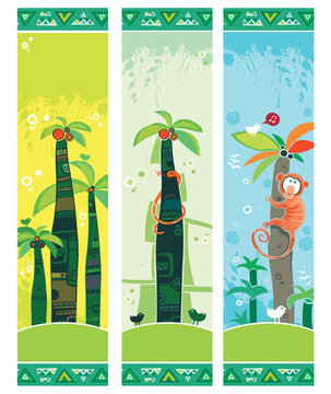 African jungle banners set with palm trees, monkey, snake, birds. With space for your text.