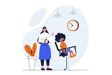 Beauty salon web concept with character scene. Little girl getting haircut and hair styling from hairdresser. People situation in flat design. Illustration for social media marketing material.