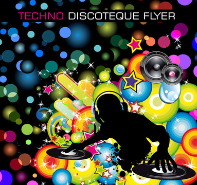 Rainbow Techno Discoteque Flyer with Abstract DJ silhouette.