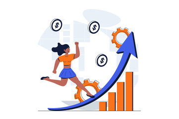 Business growth web concept with character scene. Woman invests in company and gets financial profit growths. People situation in flat design. Illustration for social media marketing material.