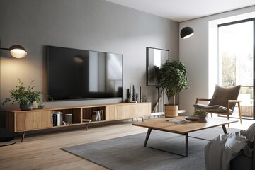 A picture of a true to life mockup of the inside of a modern living room TV set. Generative AI