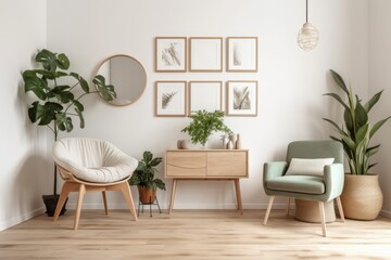 Fototapeta premium a room decorated in Scandinavian style with plants and a frame. Generative AI