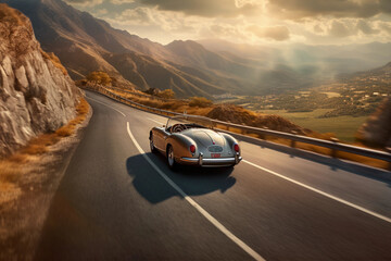 Obraz na płótnie Canvas A sports car drives down a long winding road, Generative AI 