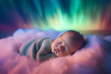 sleeping newborn on a soft cotton cloud created with Generative AI technology