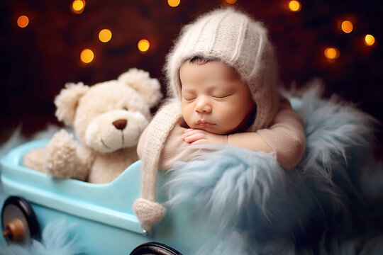 newborn baby boy. The baby boy is sleeping with a toy in a beautiful crib. Generative AI.
